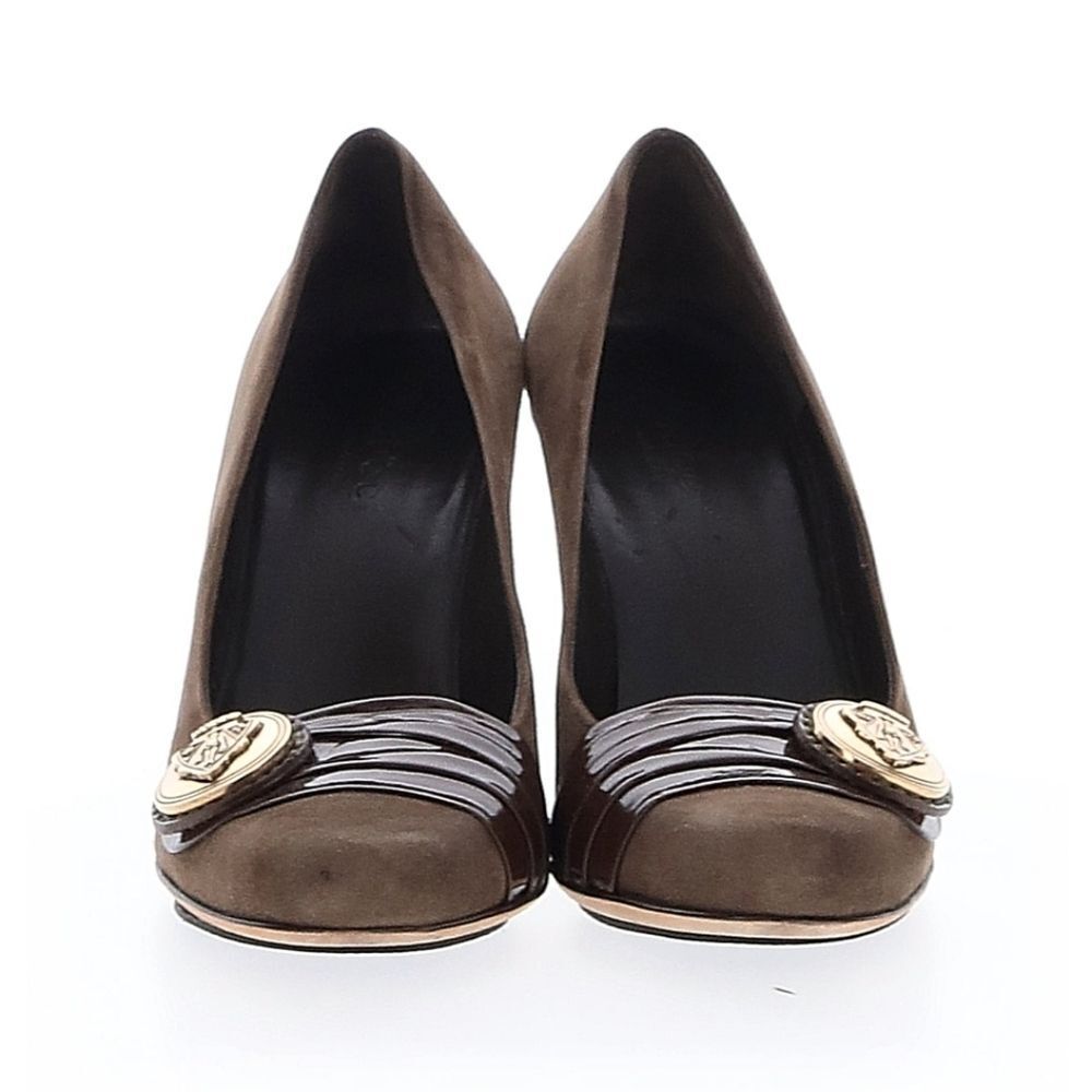 Gucci Brown Suede Heels With Pleated Patent Leather Logo Buckle Pumps Size 5 - Picture 2 of 14